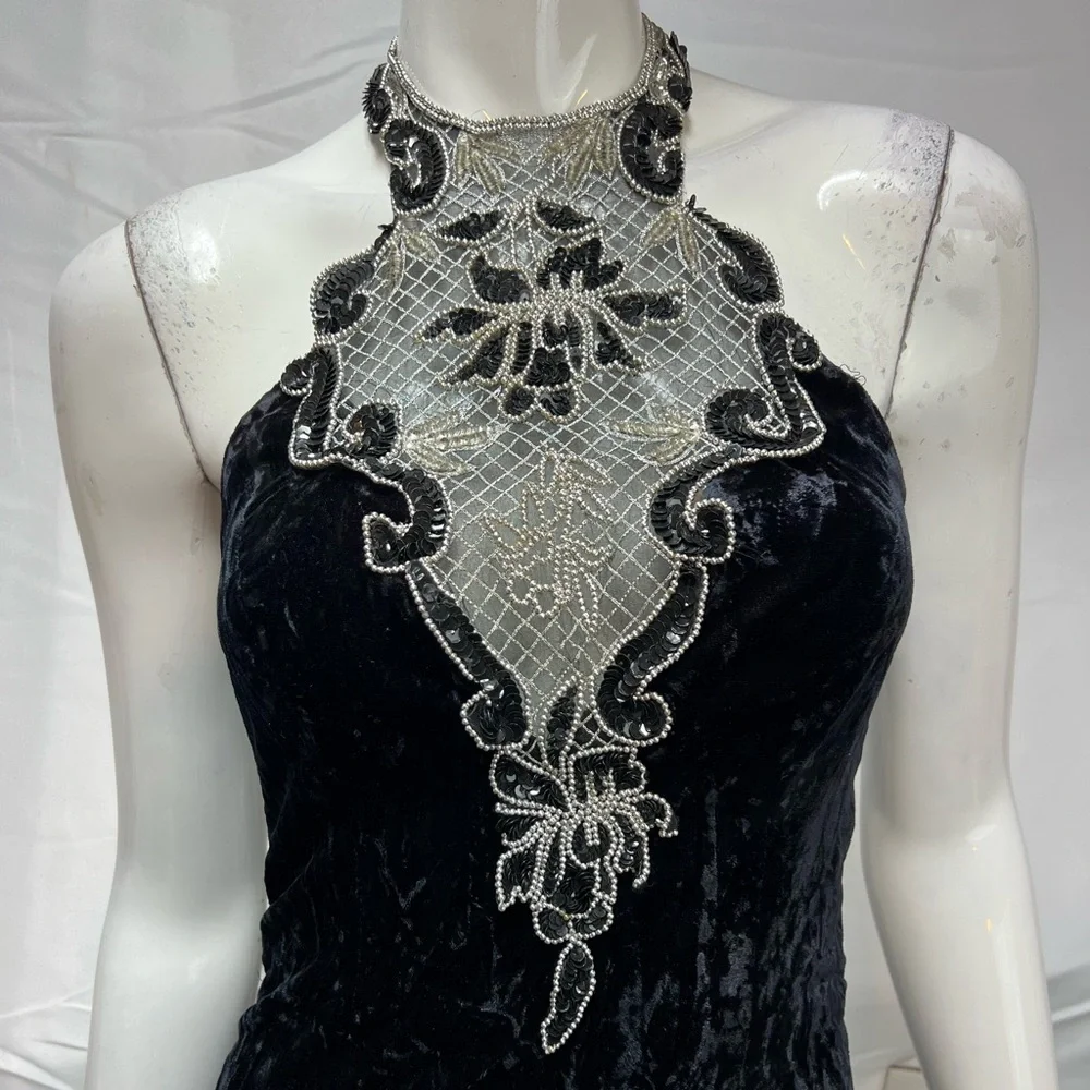 Zum Zum Vintage Black Velvet 90s Sequins Silver Beaded Halter Long 5-6 Dress XS - Picture 2 of 6
